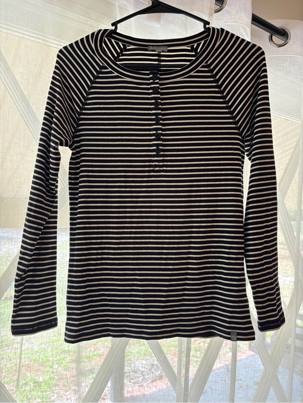 NWT T by Talbots Petite S Black & White Striped Henley Top Long Sleeve Stretch